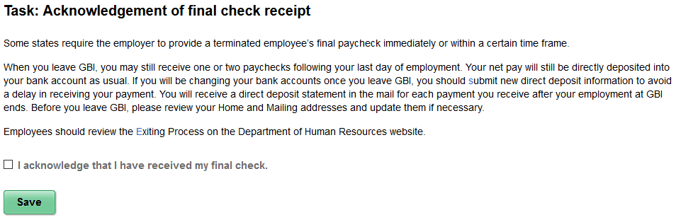 Acknowledgement of final check receipt page (Involuntary step) Acknowledgement of final check receipt page (Involuntary step)