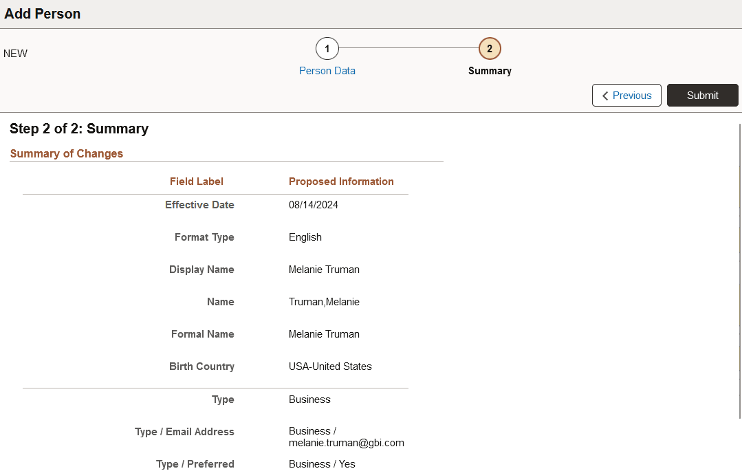 Add Person - Summary page Add Person - Summary page