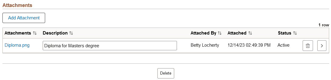 Biographical Details page, Attachment section when an attachment is added from the administrator Biographical Details page, Attachment section when an attachment is added from the administrator