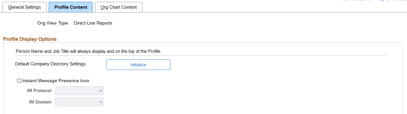 Chart and Profile Settings- Profile Content page for the Direct-Line Reports org view type (1 of 2)