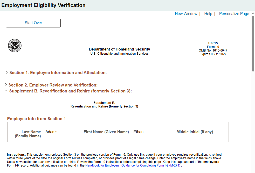 (Classic) Employment Eligibility Verification page, Supplement B, Reverification and Rehire (formerly Section 3) (1 of 2)