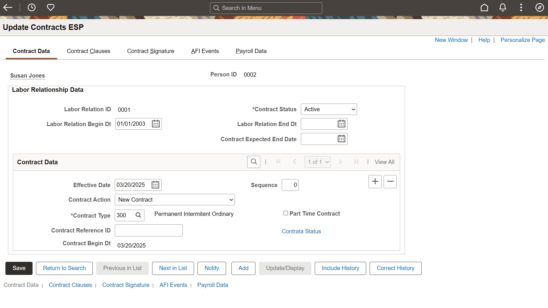 Contract Data page