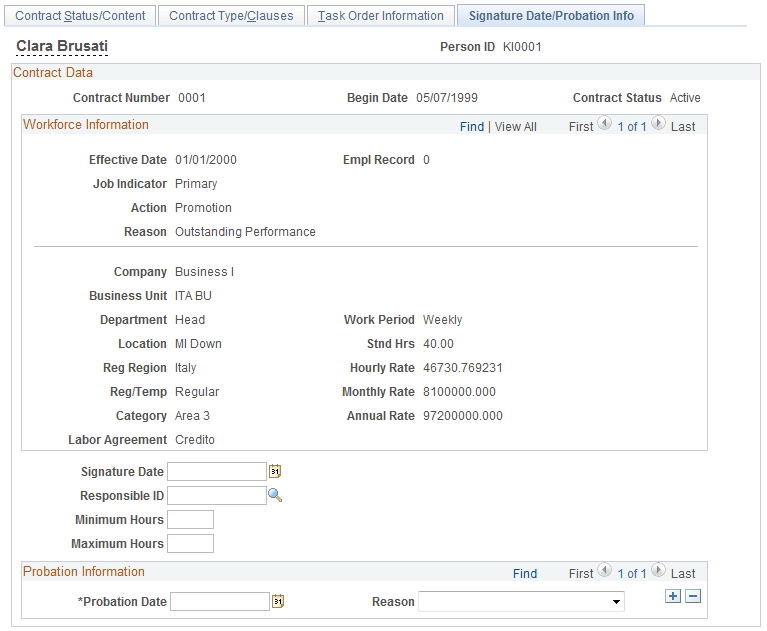Contract Data - Signature Date/Probation Info page