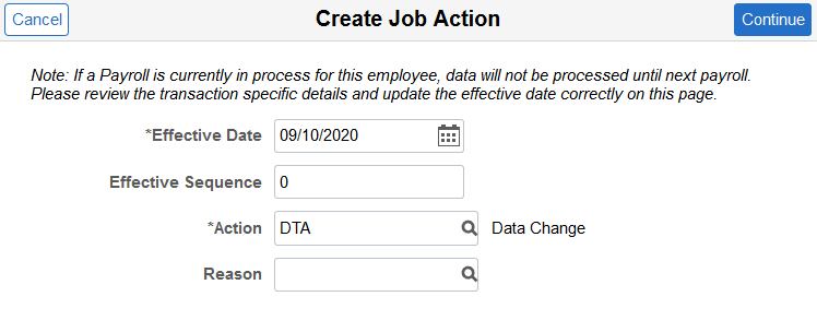 Create Job Action page Create Job Action page