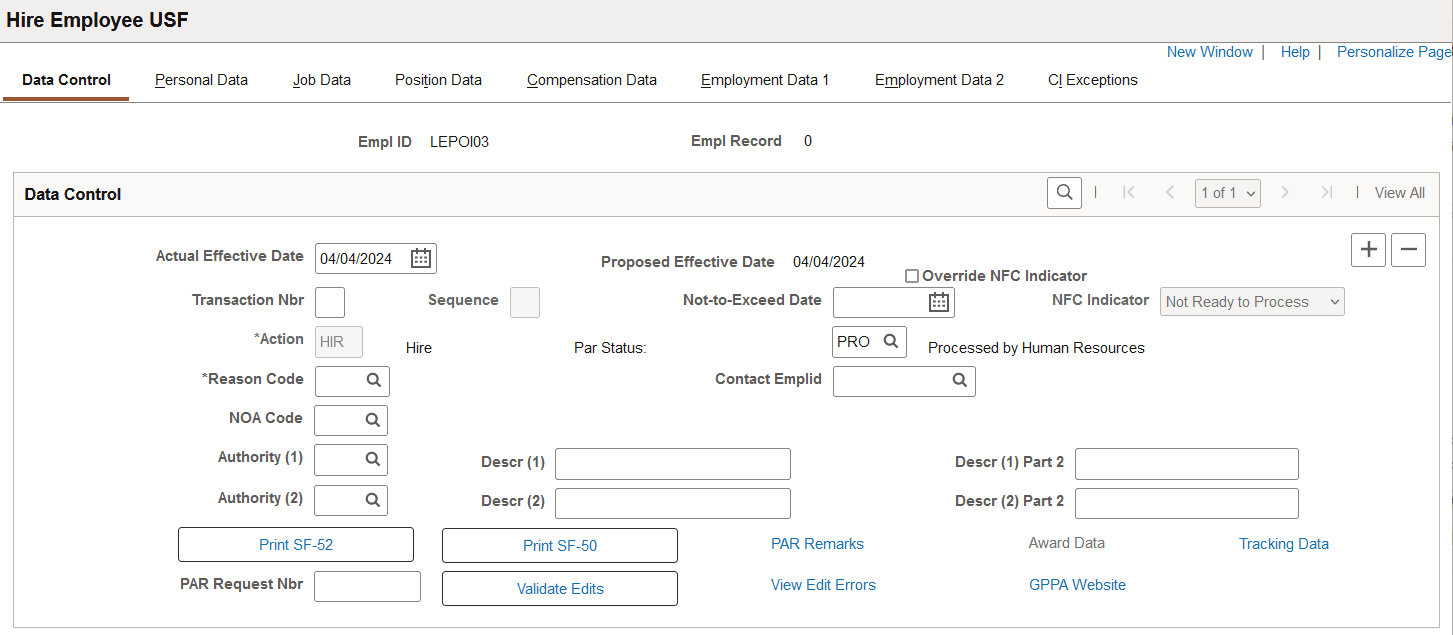 Data Control page Data Control page