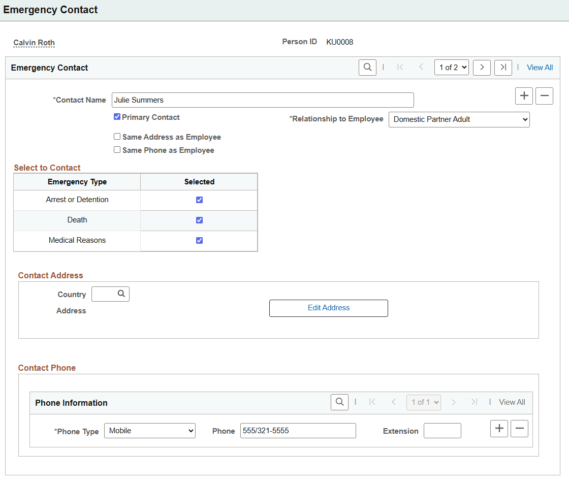 Emergency Contact page with Emergency Type enabled Emergency Contact page with Emergency Type enabled