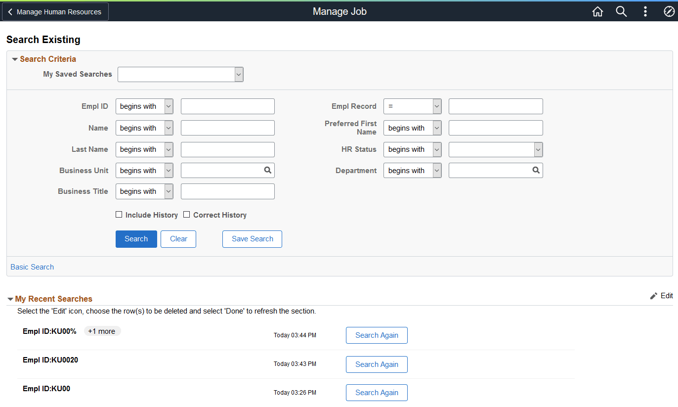 Example of the Manage Job - Search Criteria page Example of the Manage Job - Search Criteria page