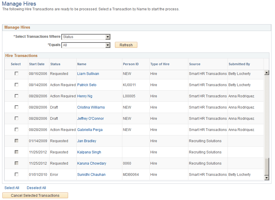 Manage Hires page