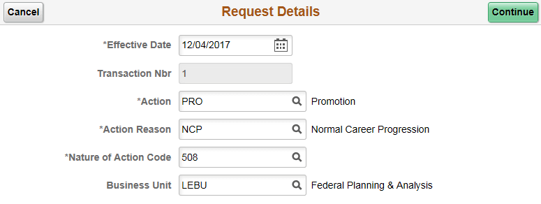 Personnel Actions USF -Request Details page