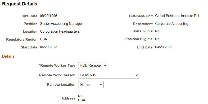 Remote Worker Request - Request Details fully remote employee page