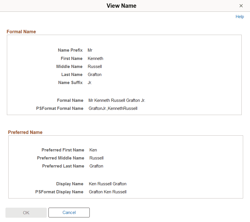 View Name page with Formal and Display Name Groups enableddisplay the person's formal and preferred name View Name page with Formal and Display Name Groups enableddisplay the person's formal and preferred name