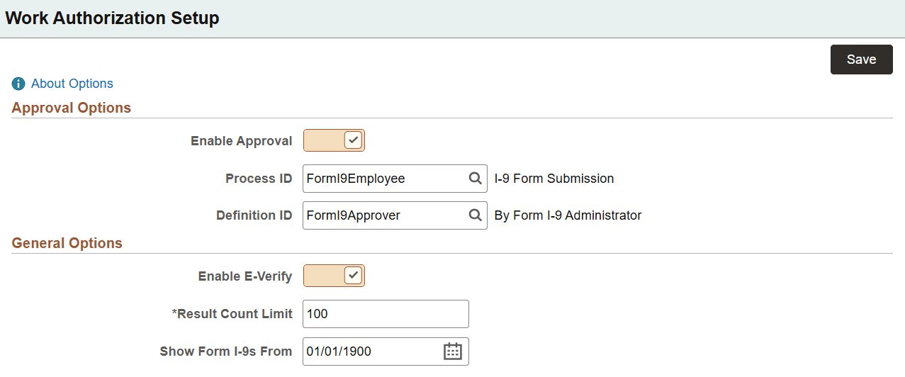 Work Authorization Setup page
