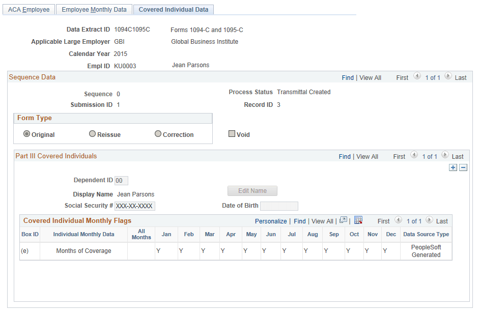 ACA Employee Transmittal Data page - Covered Individual Data tab ACA Employee Transmittal Data page - Covered Individual Data tab