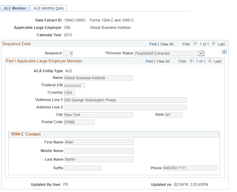 ACA Employer Transmittal Data page - ALE Member tab ACA Employer Transmittal Data page - ALE Member tab