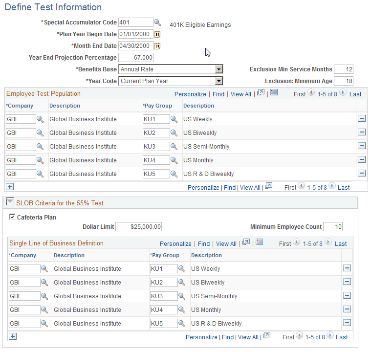 Define Test Information page for Section 129 testing Define Test Information page for Section 129 testing