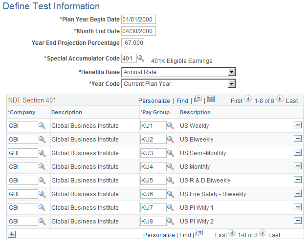 Define Test Information page for Section 401 testing Define Test Information page for Section 401 testing
