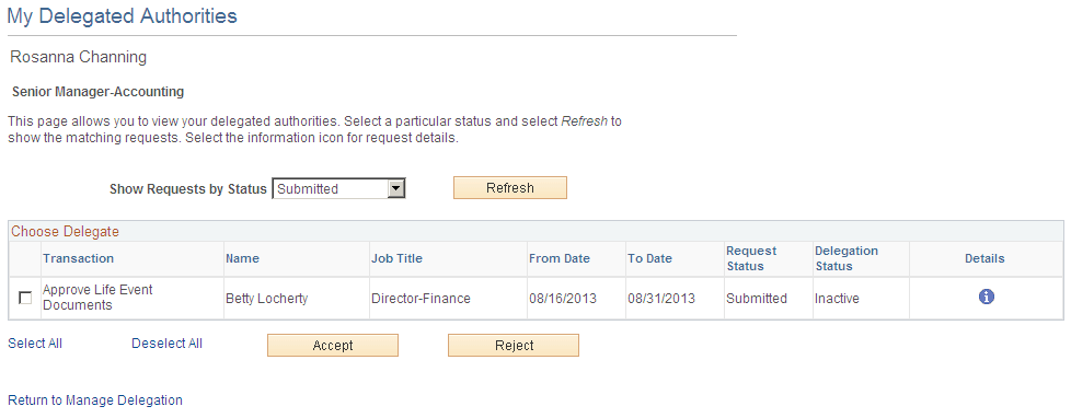 My Delegated Authorities page My Delegated Authorities page