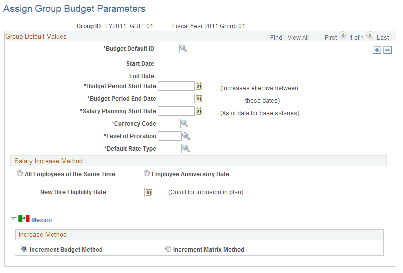 Assign Group Budget Parameters page Assign Group Budget Parameters page