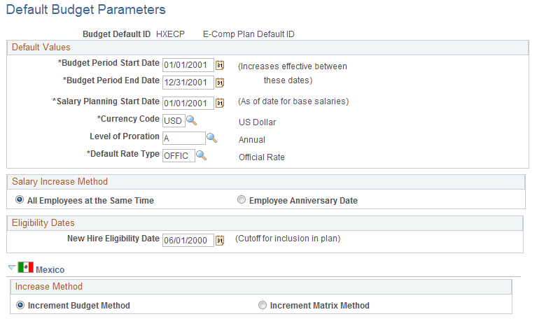 Default Budget Parameters page Default Budget Parameters page