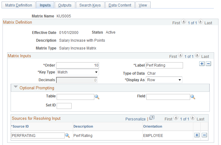 Inputs page