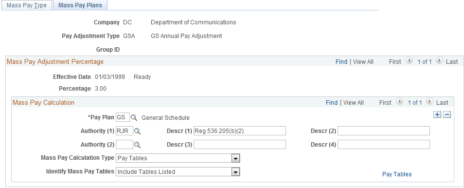 Mass Pay Plans page Mass Pay Plans page