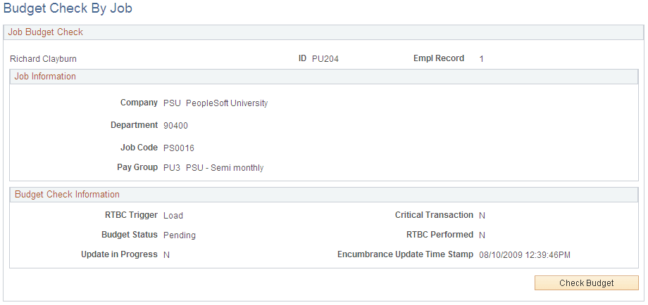 Budget Check by Job page Budget Check by Job page