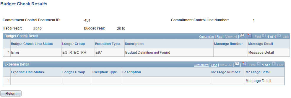 Budget Check Results page Budget Check Results page
