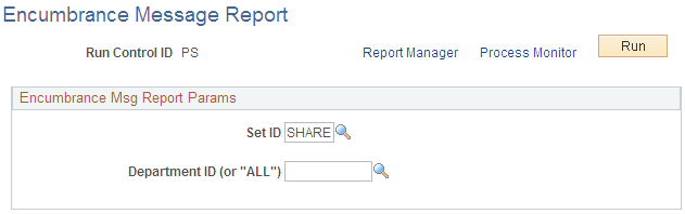 Encumbrance Message Report page Encumbrance Message Report page
