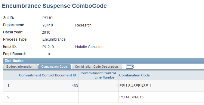 Encumbrance Suspense Combo Code (1 of 2) Encumbrance Suspense Combo Code (1 of 2)