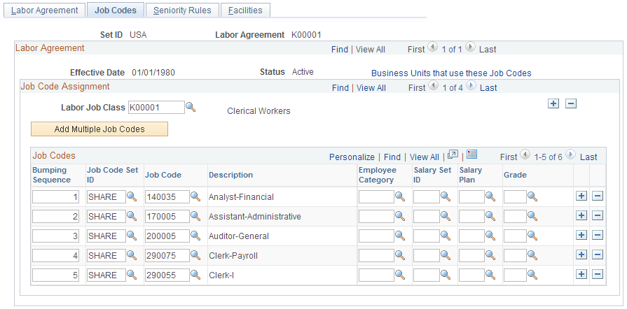 Job Codes page Job Codes page