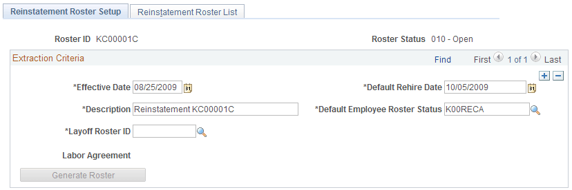 Reinstatement Roster Setup page Reinstatement Roster Setup page