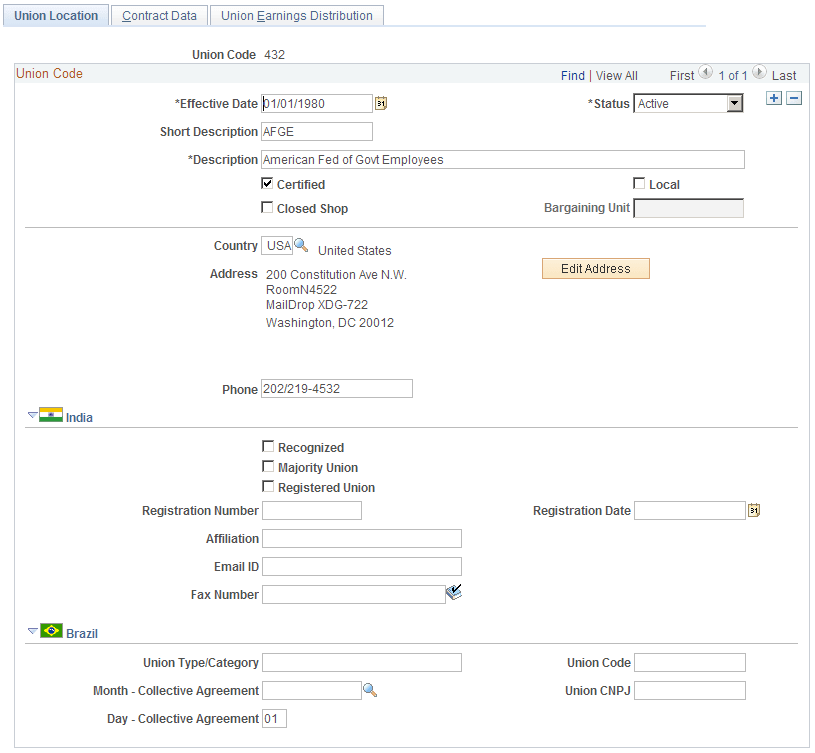 Union Location page