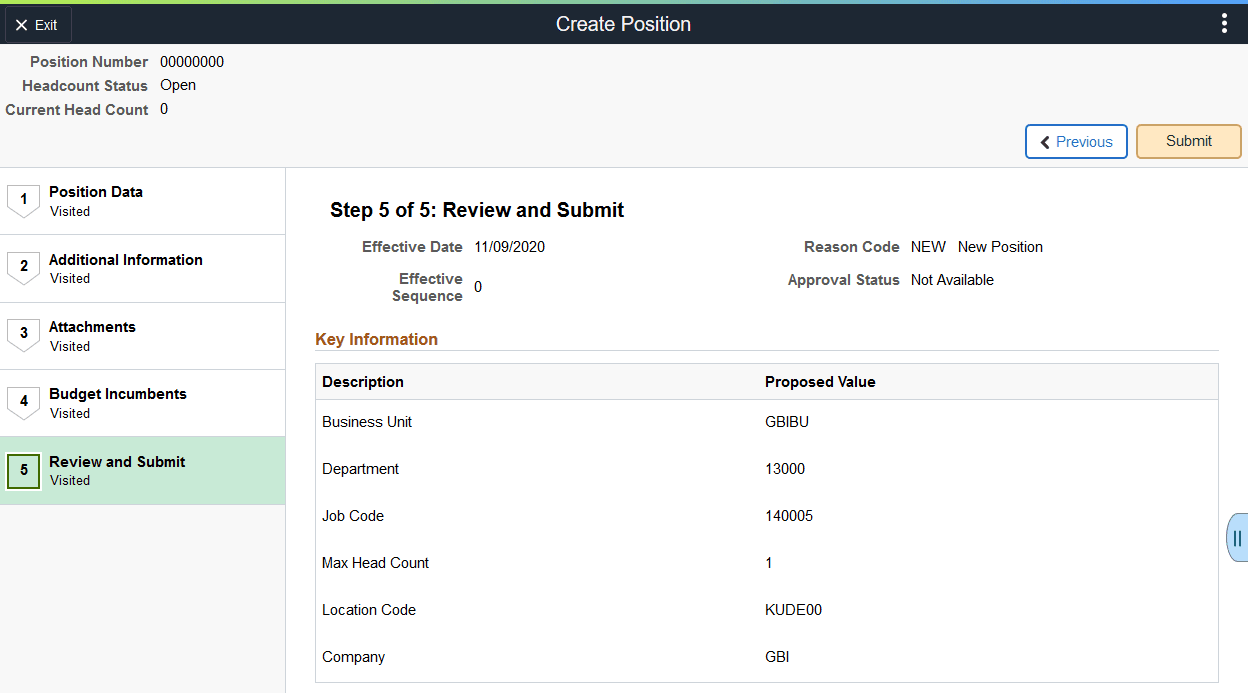Create Position - Review and Submit page Create Position - Review and Submit page