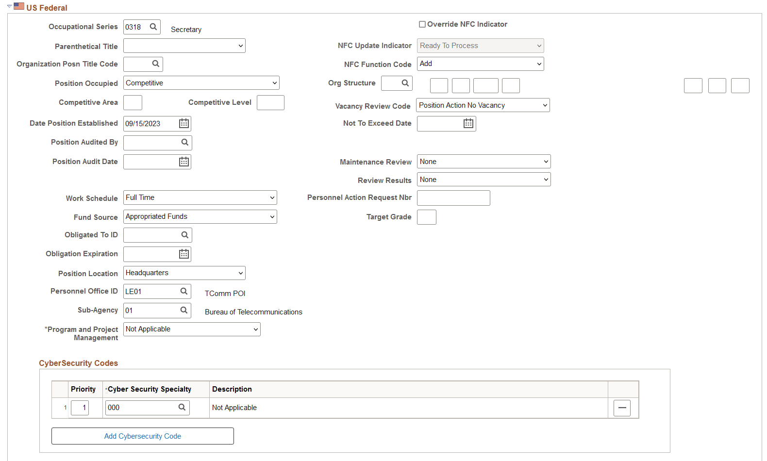 Position Data - Description page - US Federal section Position Data - Description page - US Federal section
