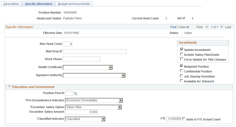 Position Data - Specific Information page Position Data - Specific Information page