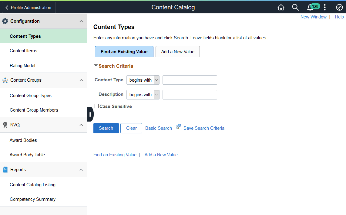 Content Catalog application start page Content Catalog application start page