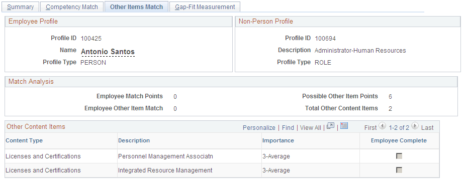 Employee Profile Matching - Other Items Match page Employee Profile Matching - Other Items Match page