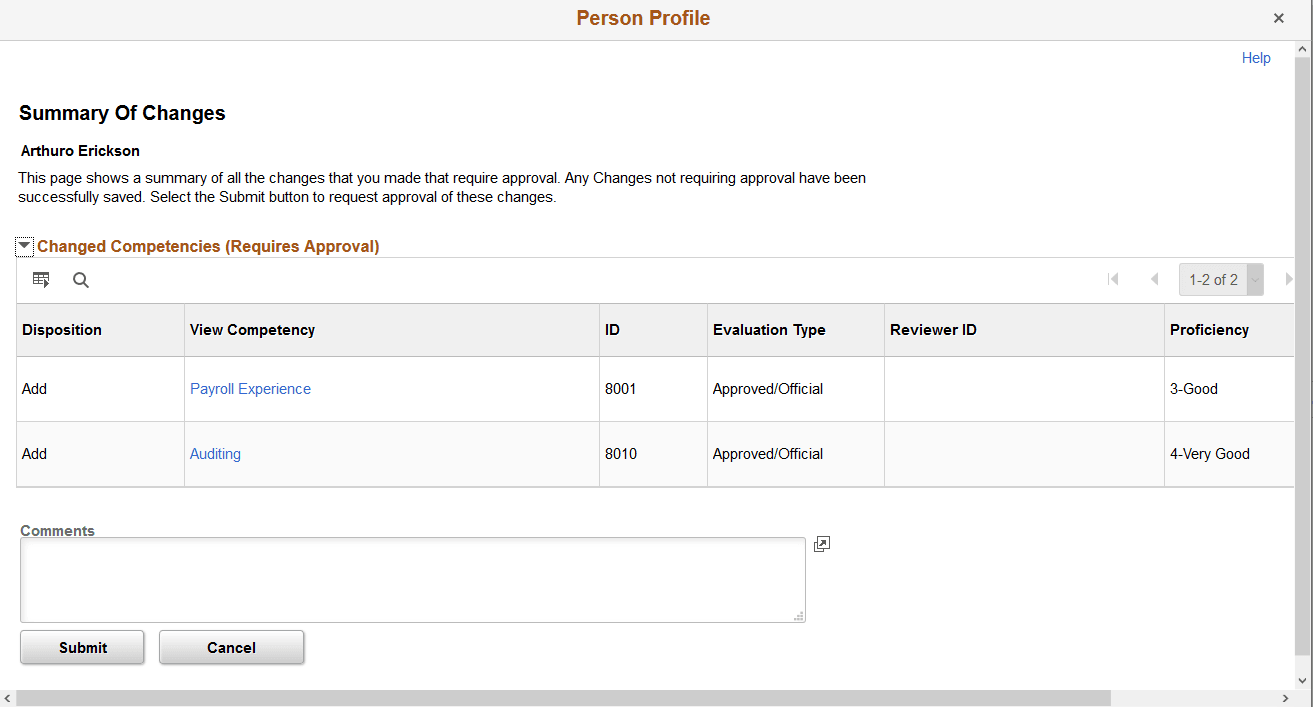 Person Profile - Summary of Changes page