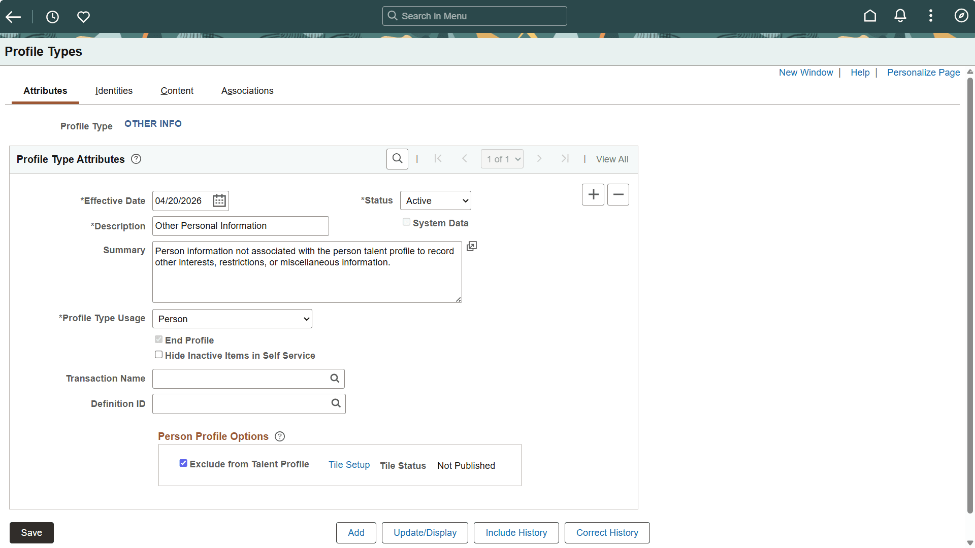 Profile Type - Attributes page showing the Person Profile Options section