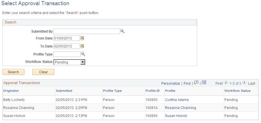 Select Approval Transaction page Select Approval Transaction page