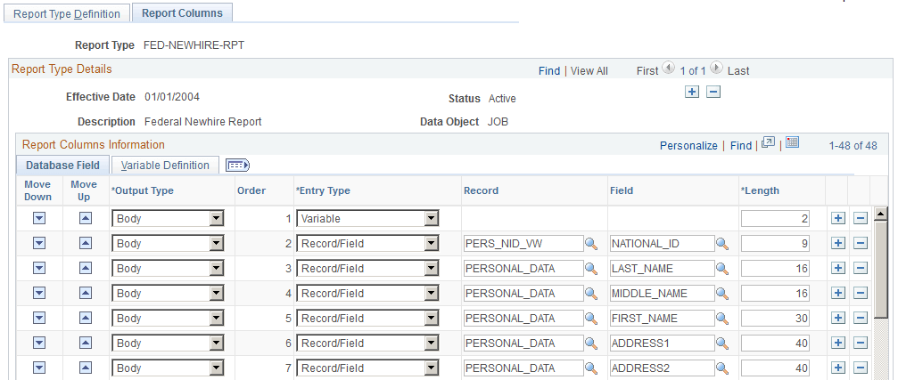 Report Columns page