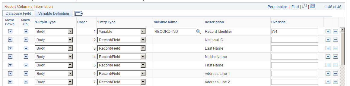 Report Columns page: Variable Definition tab