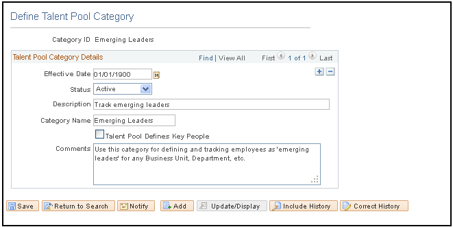 Define Talent Pool Categories page Define Talent Pool Categories page