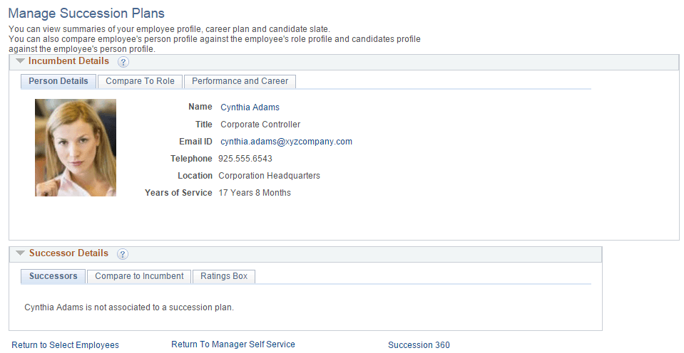 Manage Succession Plans page Manage Succession Plans page