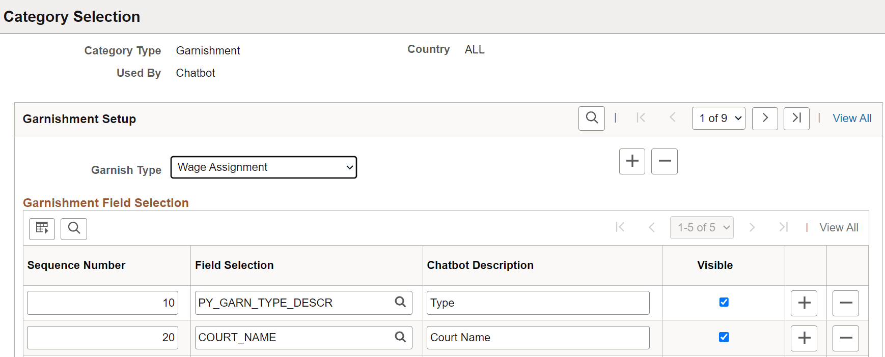 Category Selection page for garnishment
