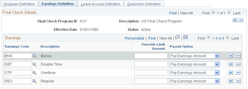 Final Check Program Table - Earnings Definition page Final Check Program Table - Earnings Definition page