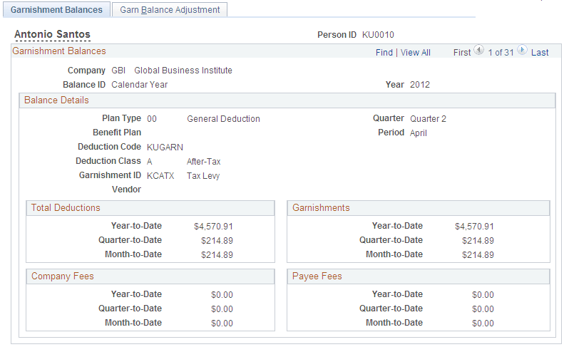 Garnishment Balances page Garnishment Balances page