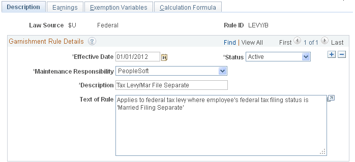 Garnishment Rules Table - Description page