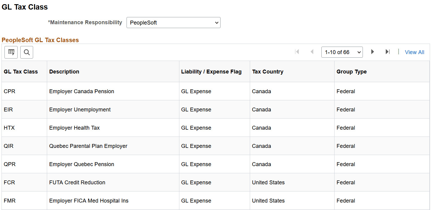 GL Tax Class page
