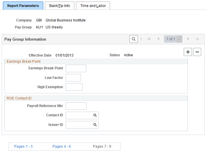 Pay Group Table - Report Parameters page Pay Group Table - Report Parameters page